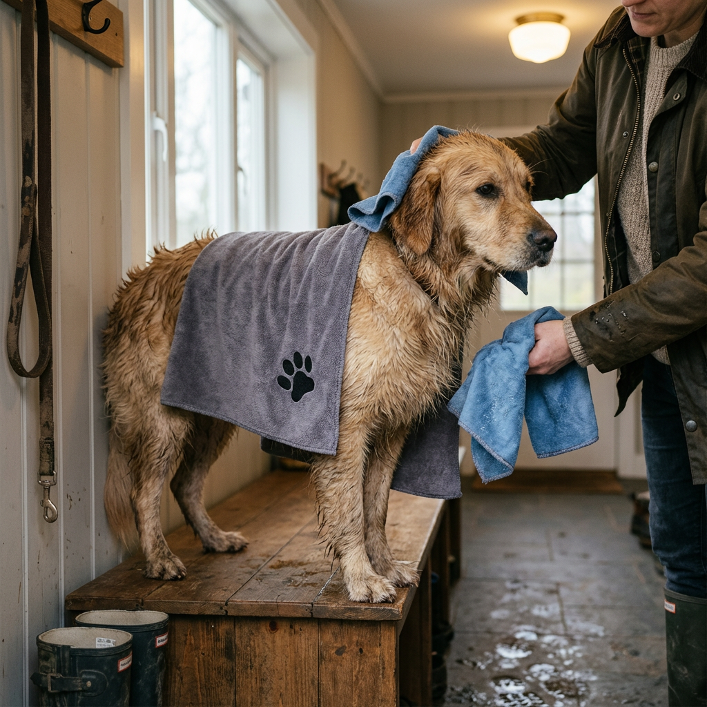 Personne séchant un golden retriever mouillé avec la Serviette Microfibre Chien Doggie Clean grise et une bleue.