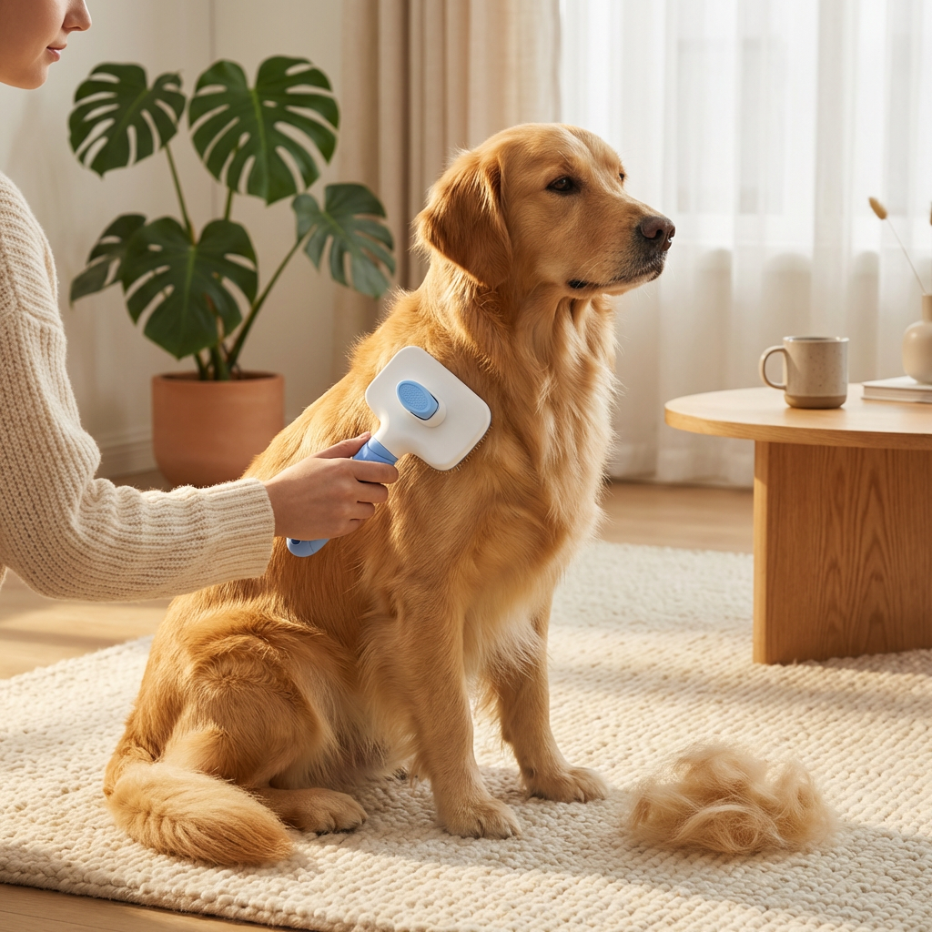 Brossage d'un Golden Retriever avec la brosse anti-poils Doggie Clean dans un salon, pour un rituel de douceur.