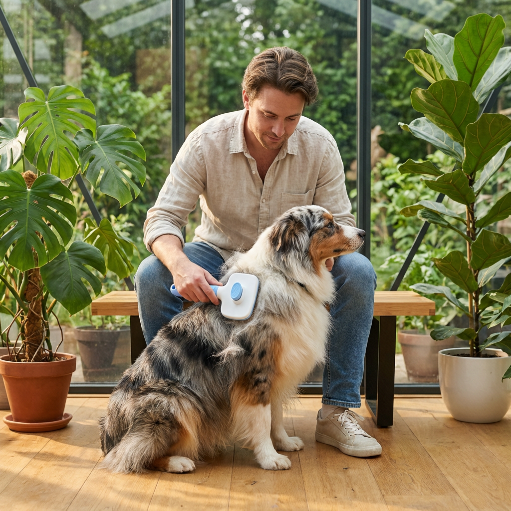 Homme brossant son Berger Australien avec la brosse Doggie Clean dans une véranda pour un rituel de douceur anti-poils.