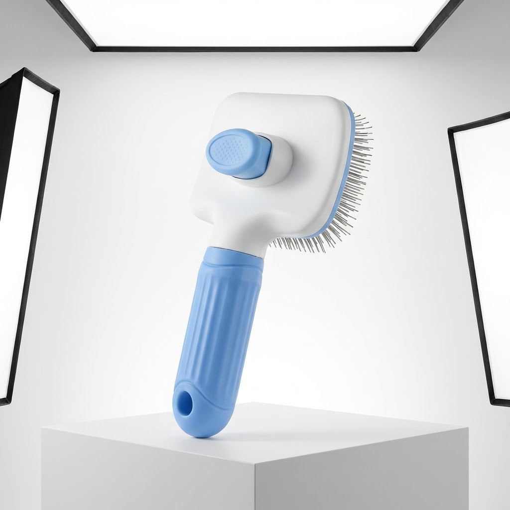Brosse Doggie Clean autonettoyante bleue et blanche pour chien et chat, avec picots métalliques.