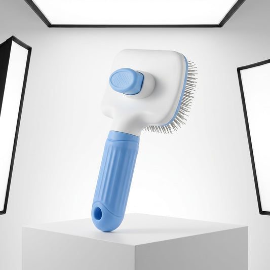 Brosse Doggie Clean autonettoyante bleue et blanche pour chien et chat, avec picots métalliques.