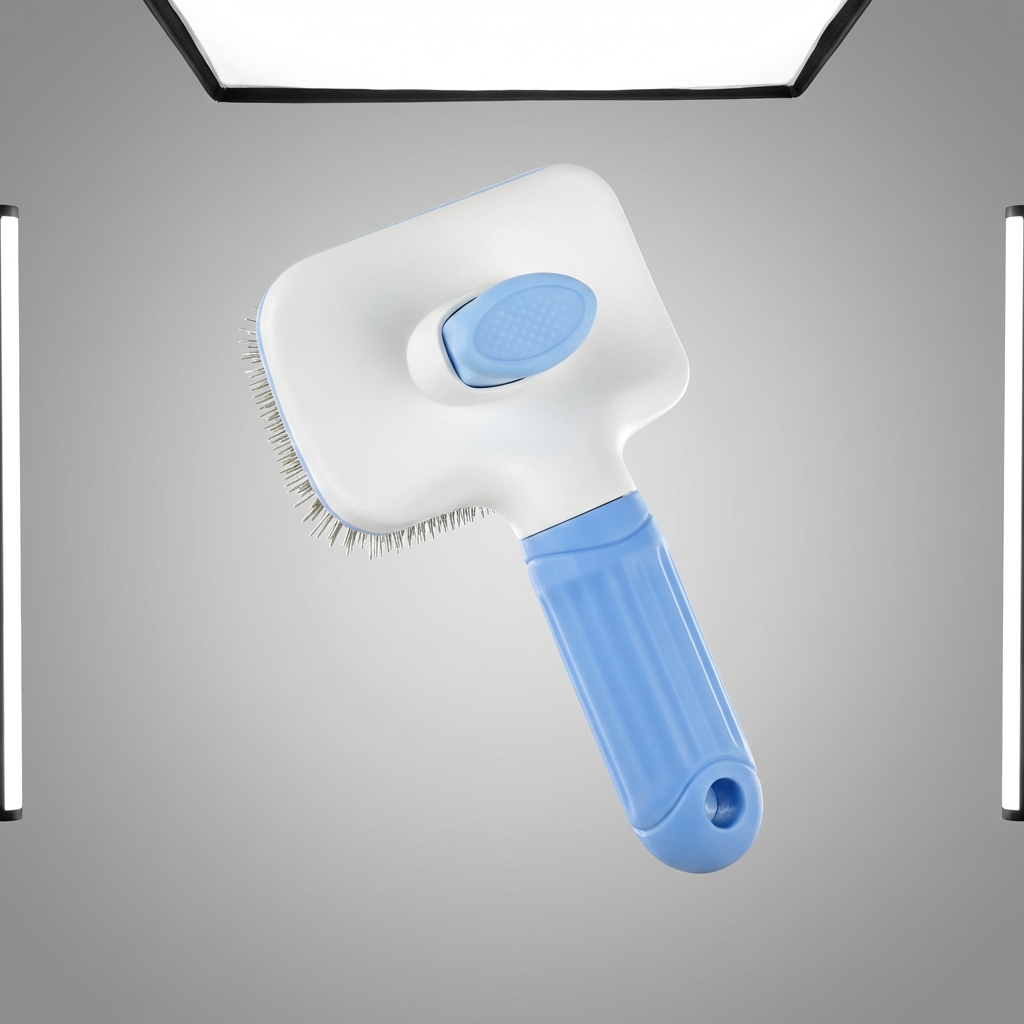 Brosse anti-poils Doggie Clean blanche et bleue pour chien et chat, avec bouton de retrait et picots massants.