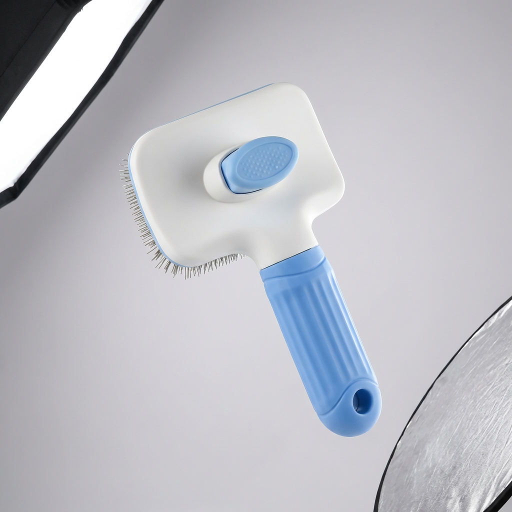 Brosse anti-poils Doggie Clean blanche et bleue pour chien et chat, design ergonomique sous éclairage studio.