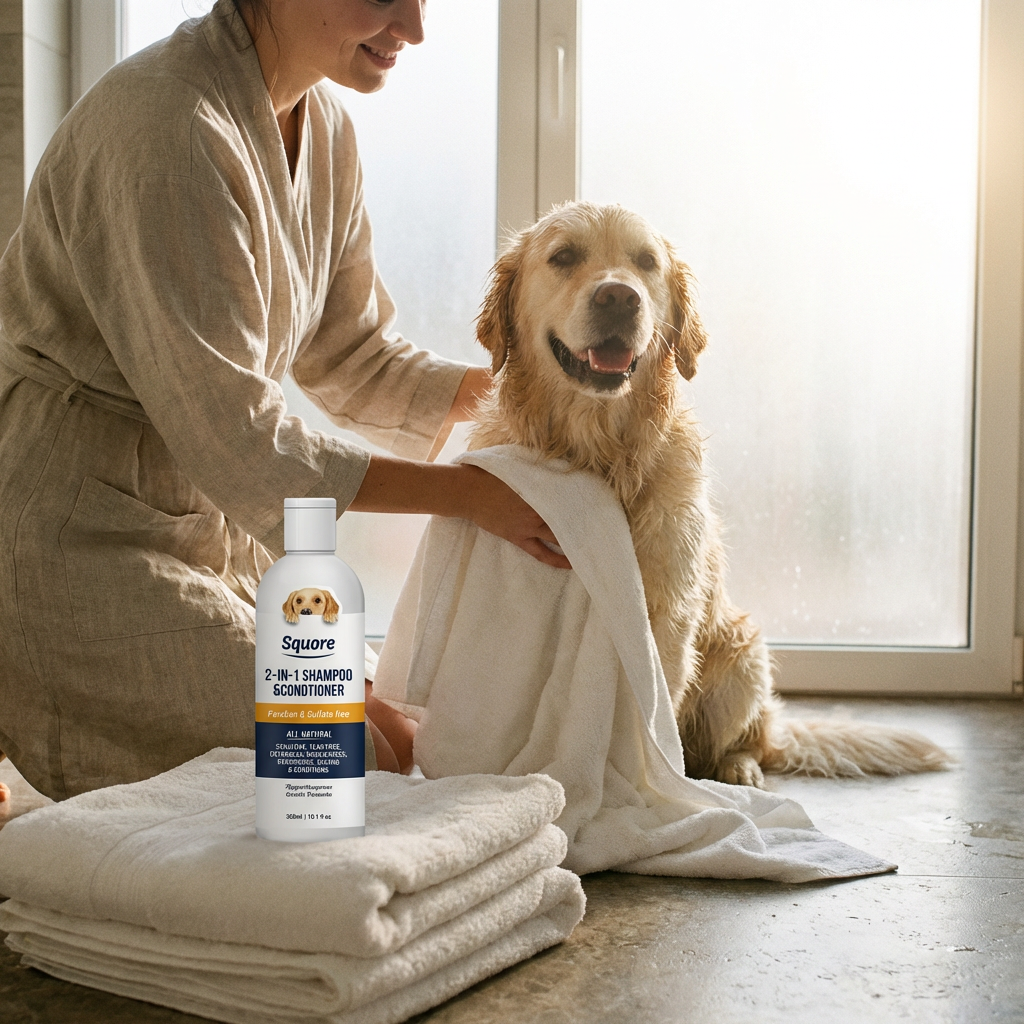 Femme souriante séchant un Golden Retriever mouillé avec une serviette blanche, près du Shampoing Chien 2-en-1 Doggie Clean.