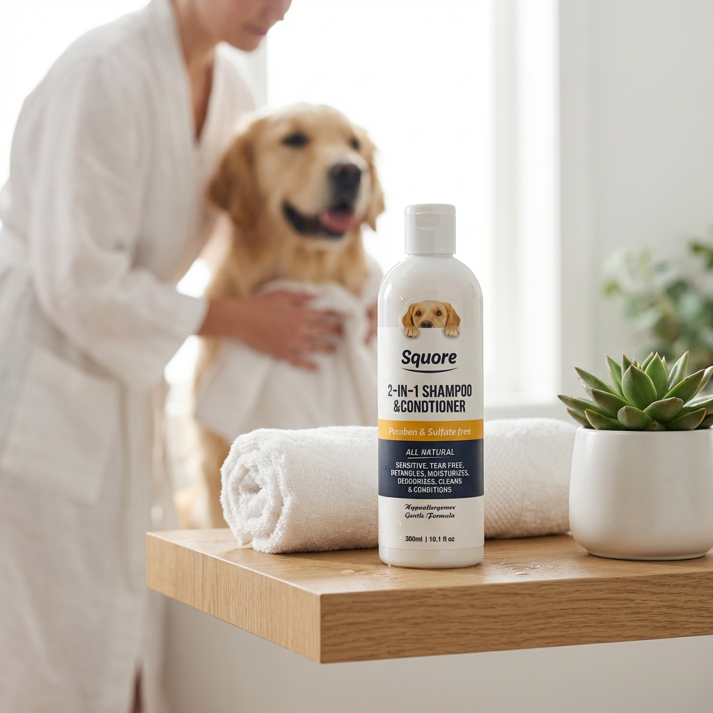 Flacon de Shampoing Chien 2-en-1 Peau Sensible Soin Apaisant Doggie Clean. Un golden retriever est séché après son bain.