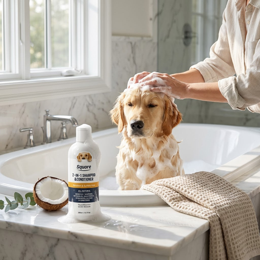 Bain moussant d'un golden retriever, avec Shampoing Chien 2-en-1 Peau Sensible - Soin Apaisant 300ml Doggie Clean à côté.
