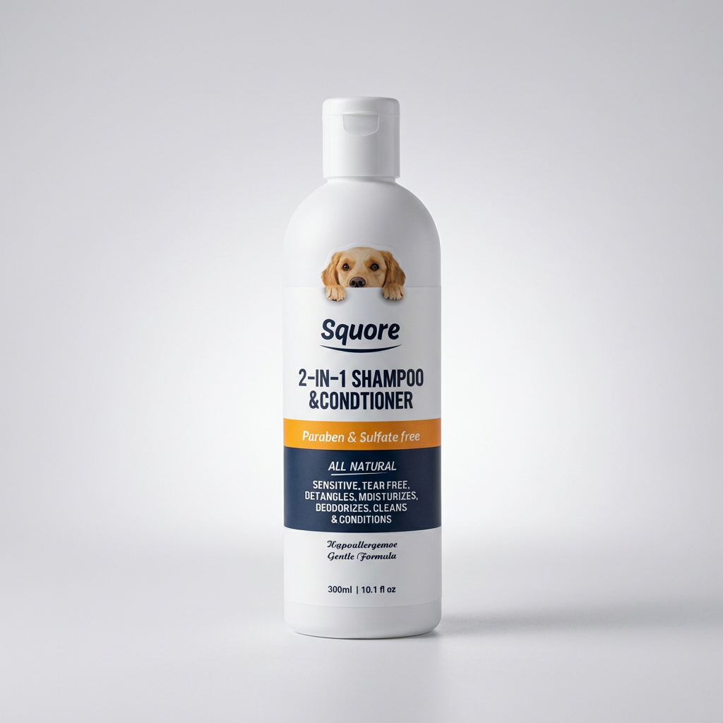 Bouteille blanche de Shampoing Chien 2-en-1 Peau Sensible Soin Apaisant Doggie Clean 300ml, avec illustration de chien.