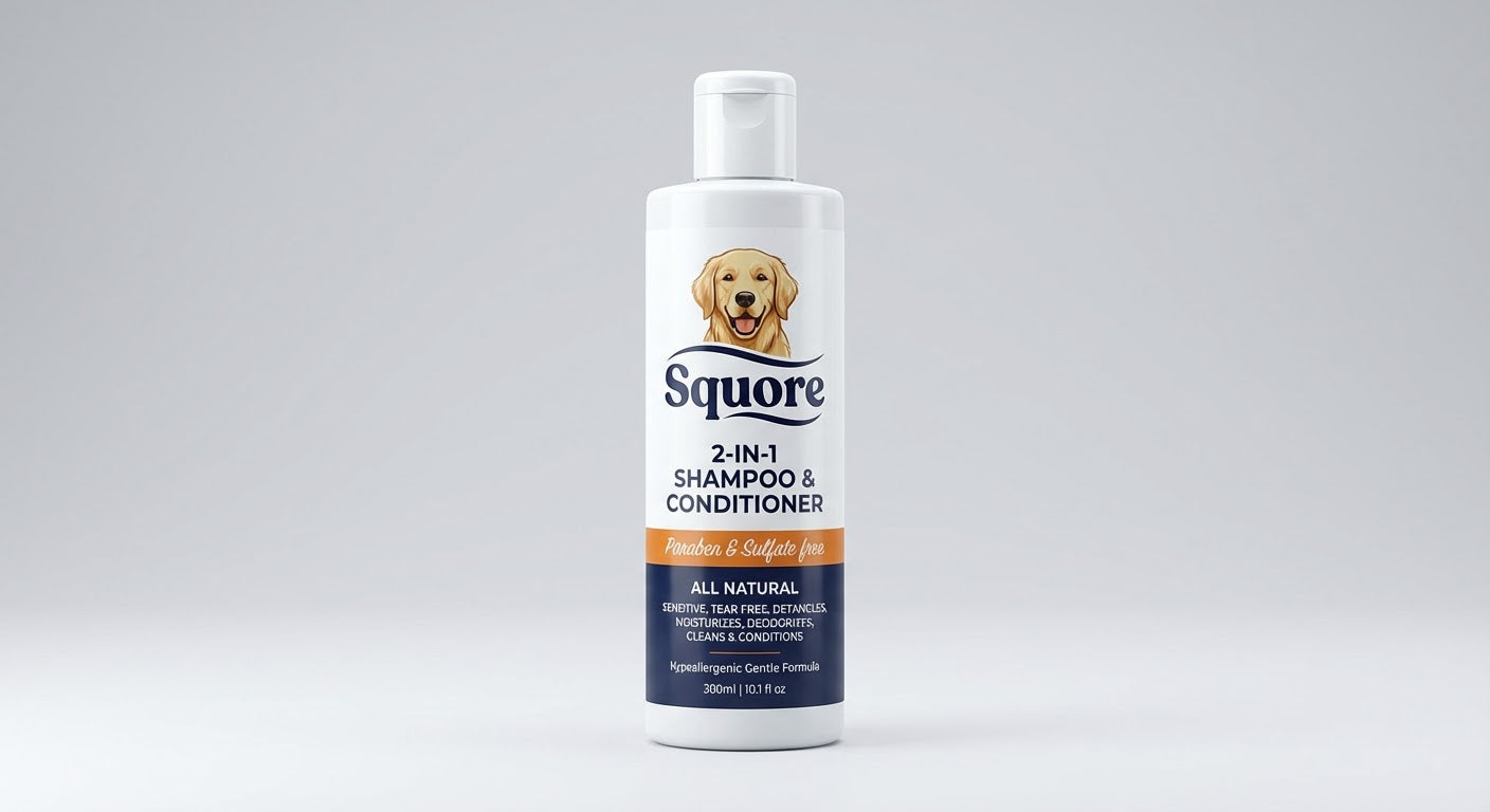 Flacon blanc de shampoing-revitalisant 2-en-1 Squore 300ml avec tête de golden retriever sur l'étiquette.