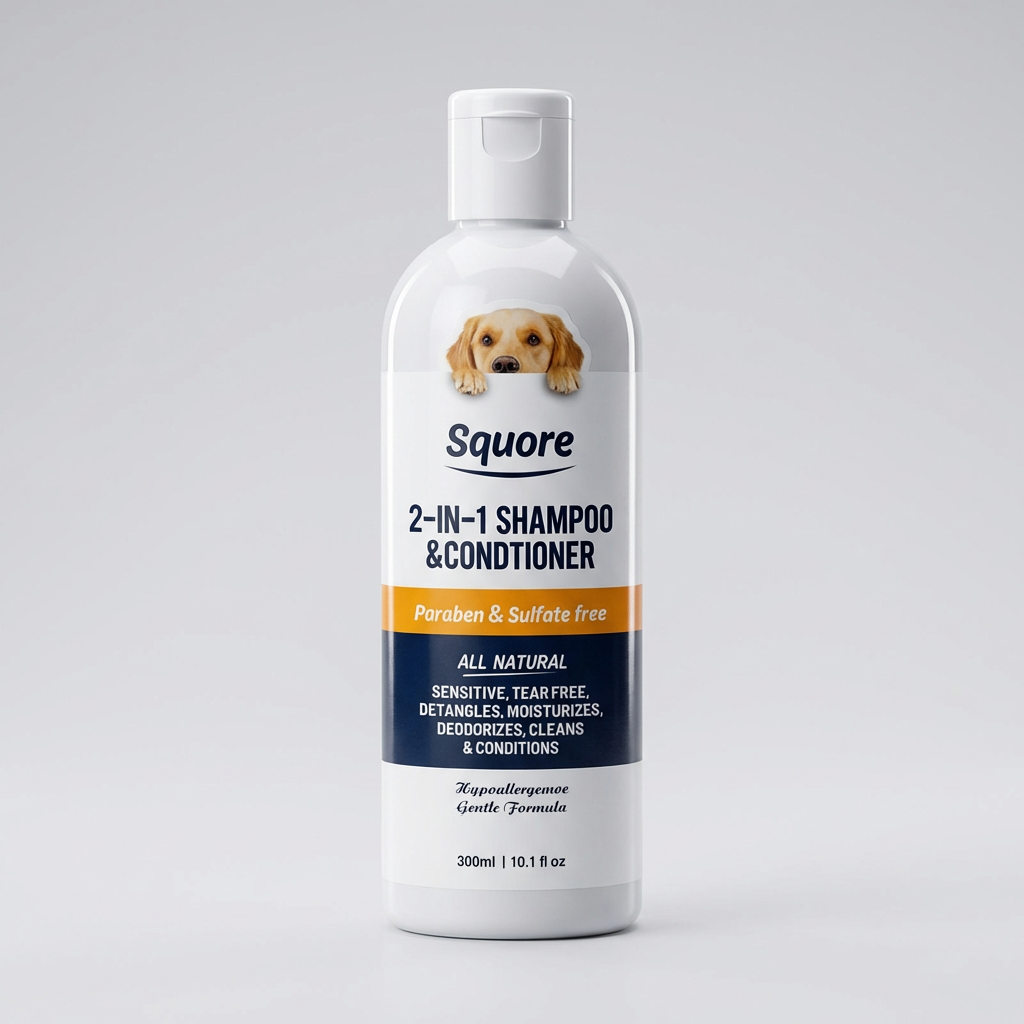 Bouteille de Shampoing Chien 2-en-1 Peau Sensible Soin Apaisant 300ml Doggie Clean, étiquette tête de golden retriever.