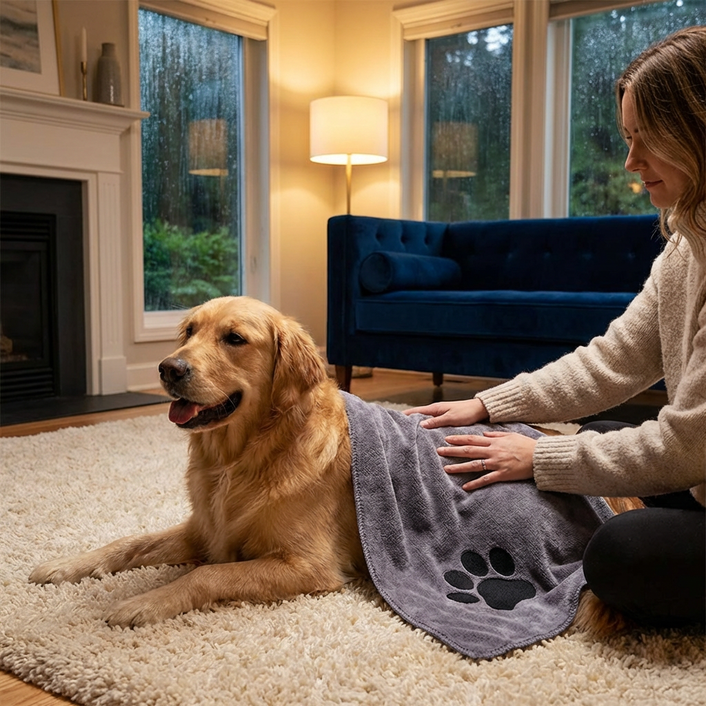 Un golden retriever se fait sécher par sa maîtresse avec la Serviette Microfibre Doggie Clean, après le bain dans un salon.