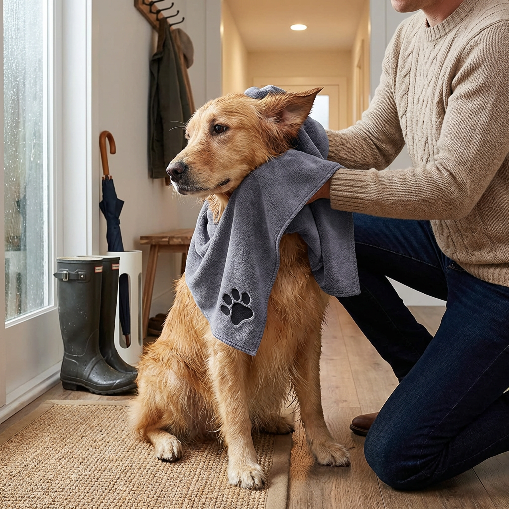 Homme séchant un chien Golden Retriever mouillé avec la serviette microfibre ultra-absorbante Doggie Clean.