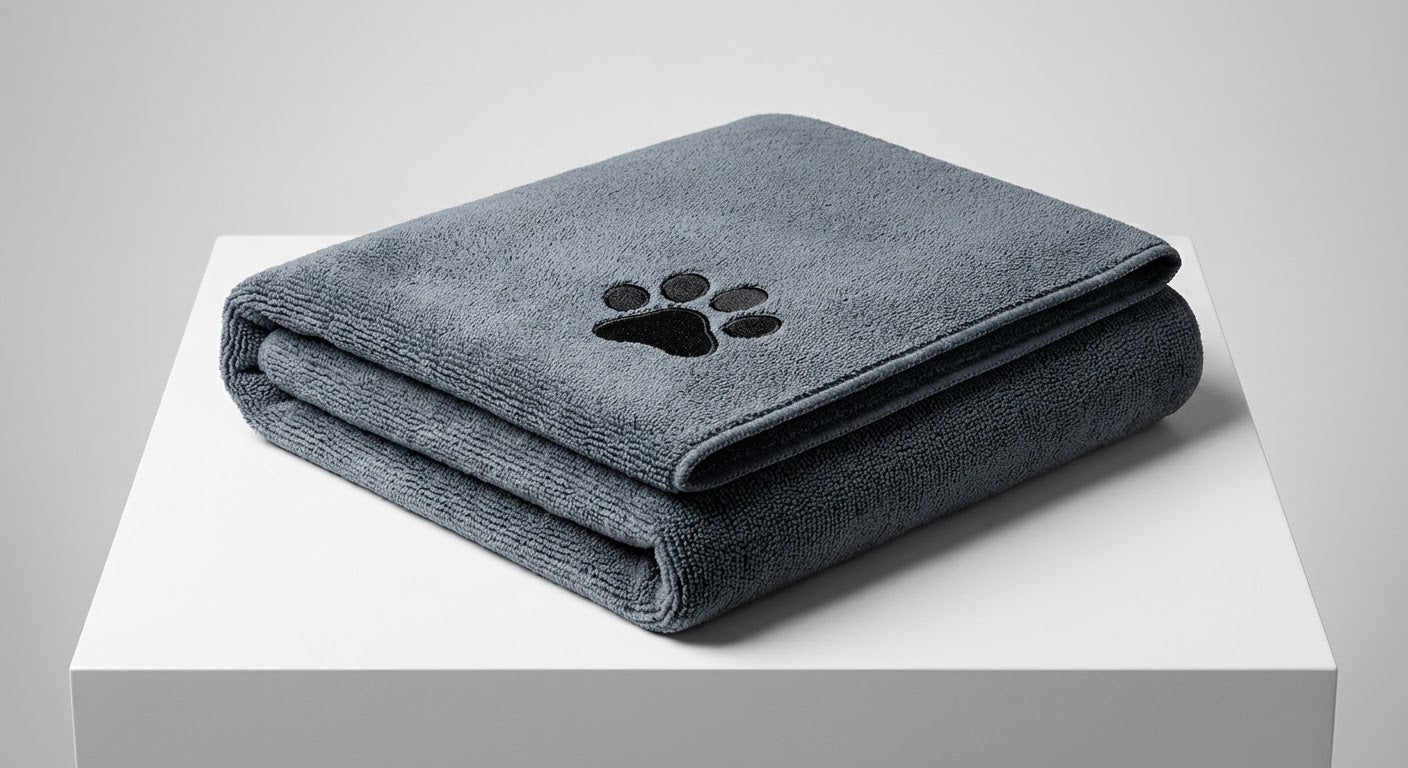 Serviette Microfibre Chien Doggie Clean grise, pliée sur fond blanc, avec une patte noire brodée. Parfaite pour un séchage ultra-rapide.