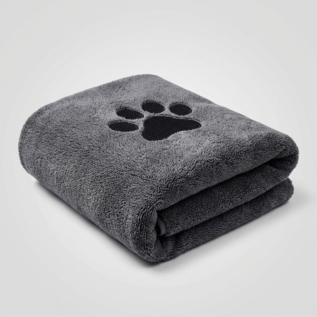 Serviette microfibre Doggie Clean grise ultra-absorbante, pliée avec empreinte de patte noire, parfaite pour chien.