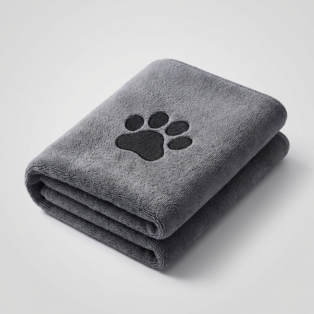 Serviette Doggie Clean en microfibre ultra-absorbante, grise et pliée, avec une patte noire brodée, idéale pour le séchage rapide.