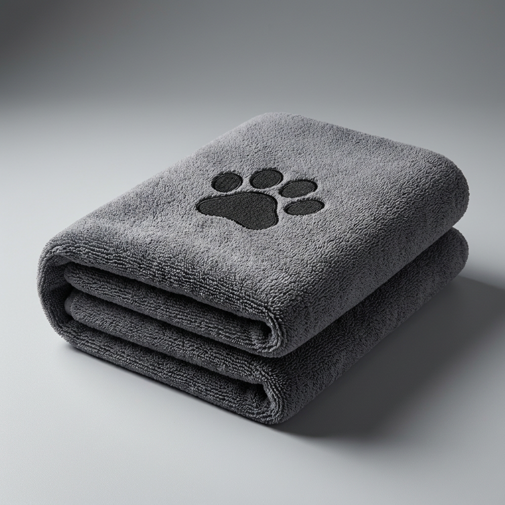 Serviette Microfibre Chien Ultra-Absorbante Doggie Clean grise pliée, avec patte noire brodée, sur fond gris clair.