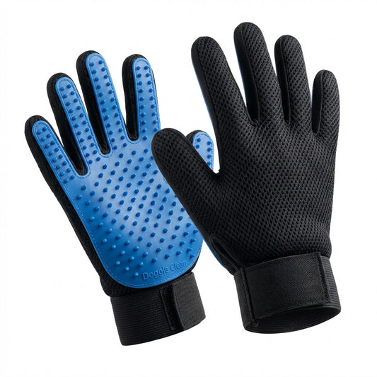 Paire de gants de massage et bain Doggie Clean bleus et noirs avec picots en silicone pour le toilettage des chiens.