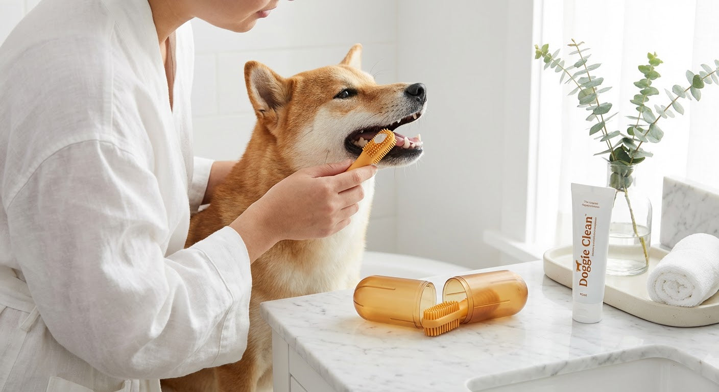 Nettoyage des dents d'un Shiba Inu avec la brosse en silicone du Kit Hygiène Dentaire Doggie Clean et son dentifrice.