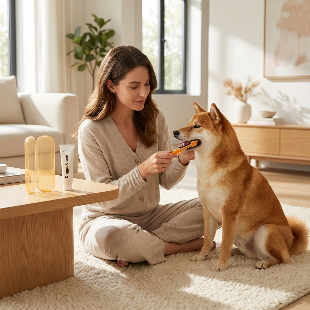 Femme brossant les dents d'un Shiba Inu avec le kit Doggie Clean : brosse, dentifrice enzymatique et étui.