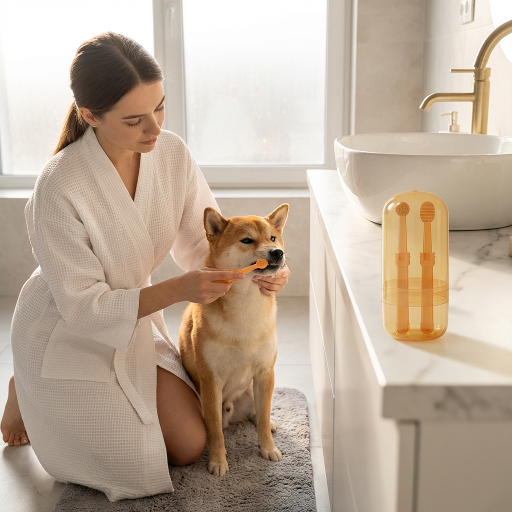 Femme brossant les dents d'un Shiba Inu avec le kit Doggie Clean dans une salle de bain moderne.