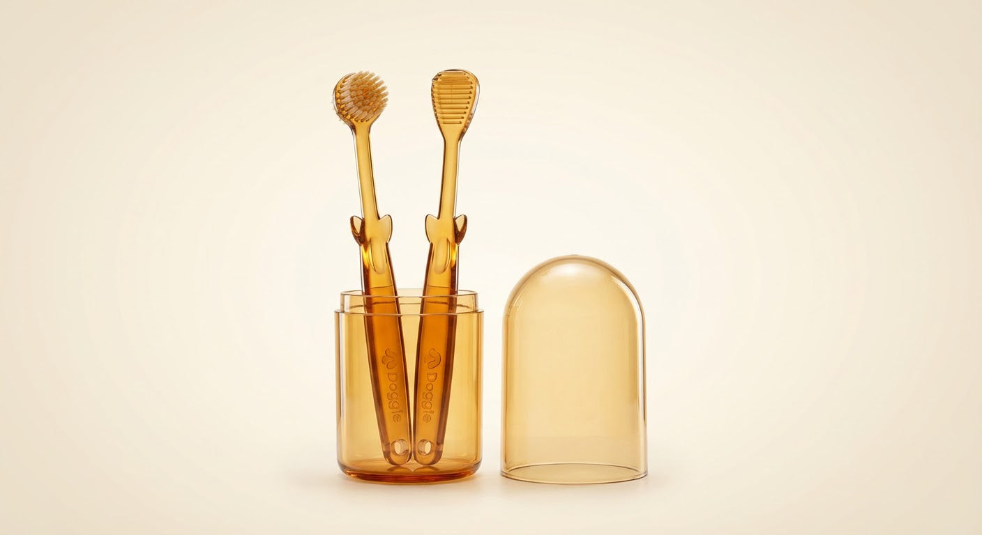 Kit Doggie Clean : brosse à dents 360° et gratte-langue ambrés pour chien dans leur étui de transport transparent.
