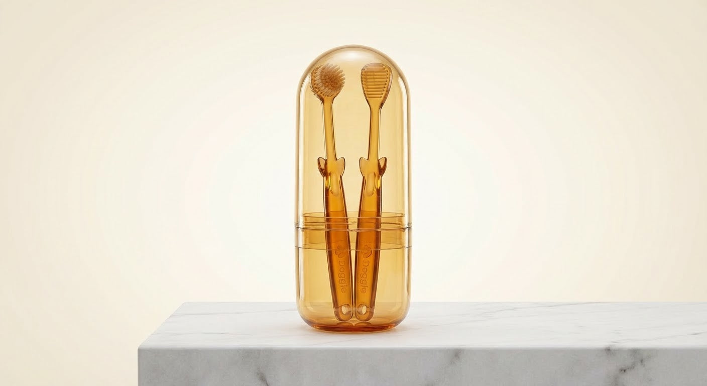 Kit Hygiène Dentaire Chien Doggie Clean: étui transparent ambré contenant deux brosses dentaires canines, posé sur un marbre.