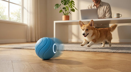 Balle automatique Doggie Clean bleue en mouvement sur parquet, chien Corgi jouant près d'un bureau en télétravail.