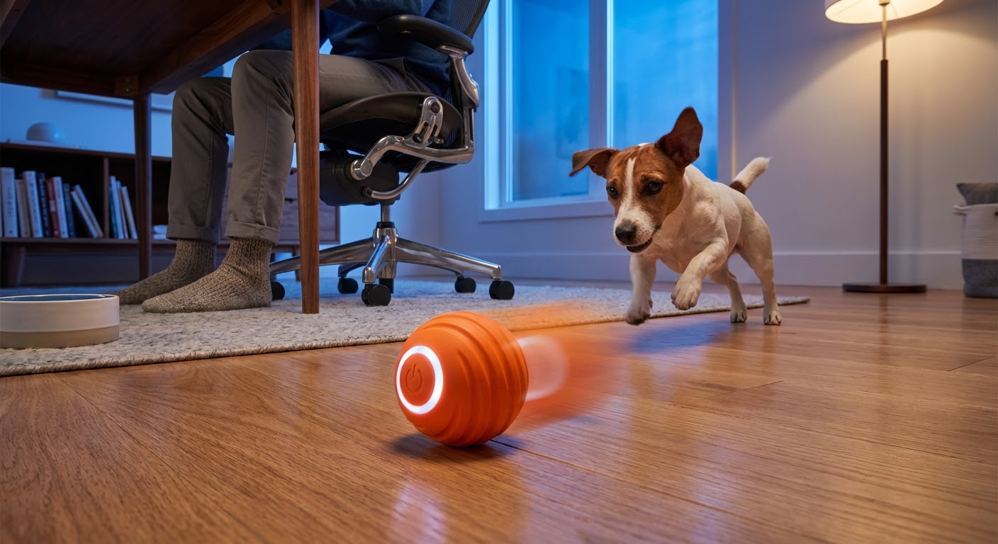 Chien Jack Russell jouant avec la Balle Automatique Doggie Clean orange sur parquet pendant que son maître télétravaille.