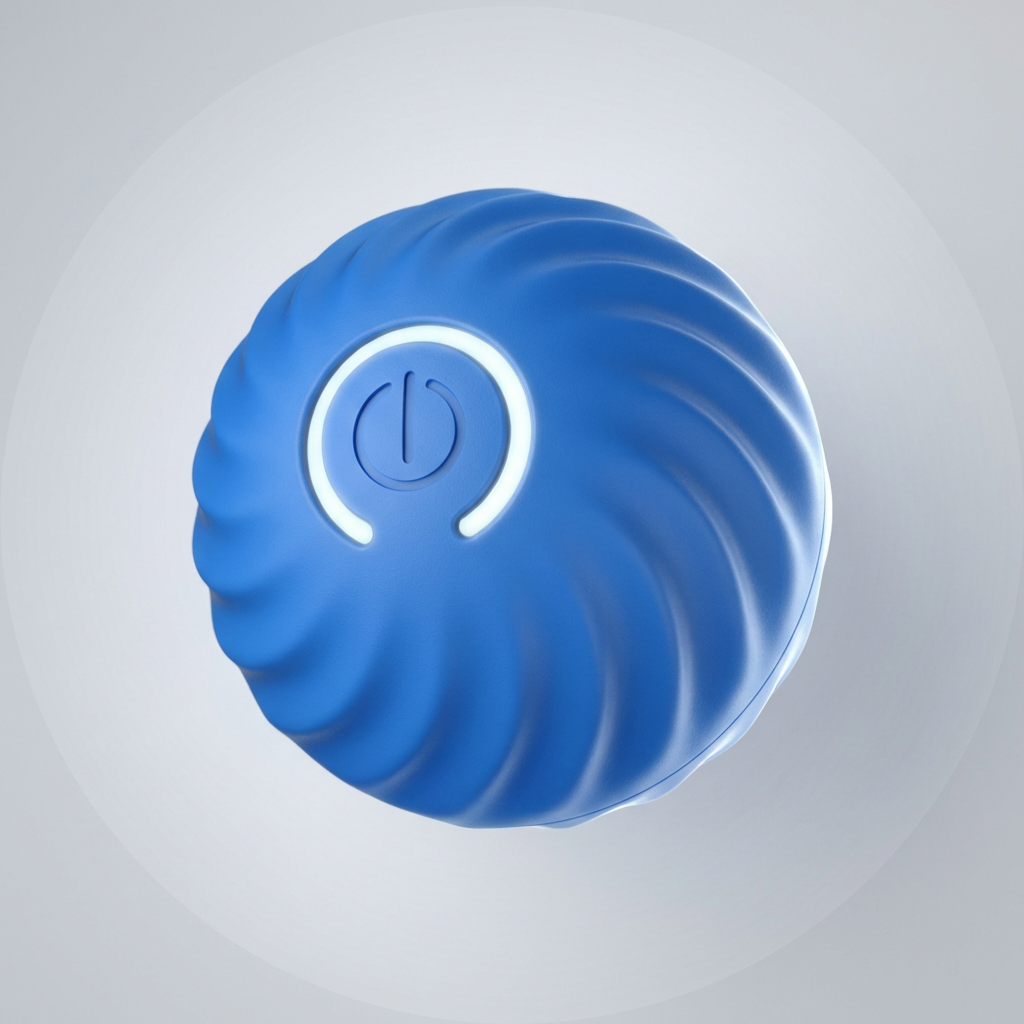 Balle automatique Doggie Clean bleue : jeu interactif rechargeable pour chien avec bouton LED et texture spirale.