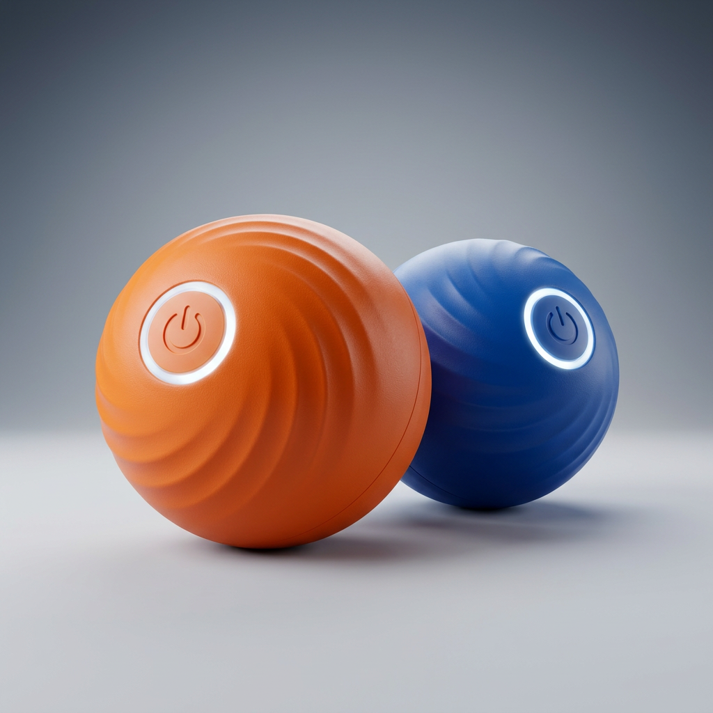 Deux Balle Automatique Chien Doggie Clean, une orange et une bleue, avec des motifs en spirale et un bouton marche/arrêt lumineux.